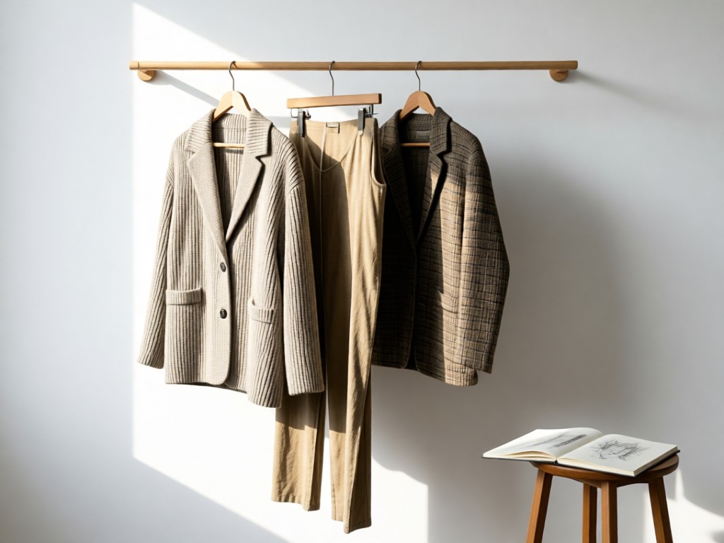 Minimalist clothing rack displaying three textured garments against a white wall. Natural side lighting highlights fabric details. A single sketchbook lies open on a stool nearby. Clean and focused.