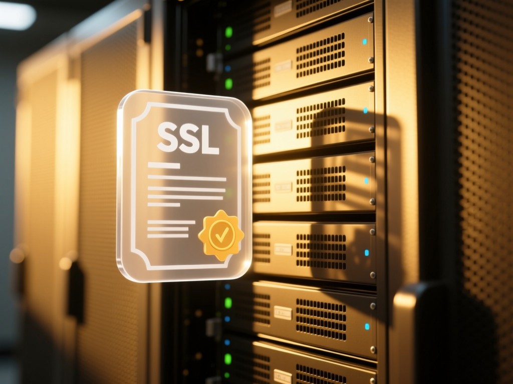 A translucent SSL certificate icon hovering over a server rack. Golden hour light creates long shadows through cooling vents. Minimalist tech scene, no people.