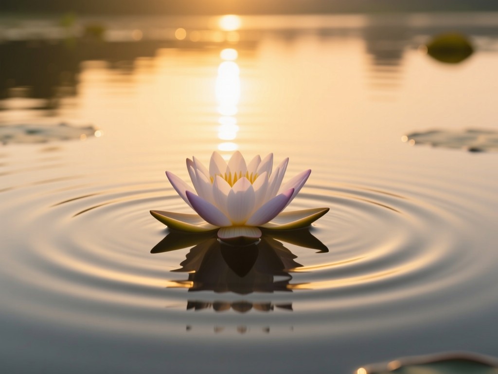 Lotus flower floating on still pond at sunrise, ripples expanding outward, golden light reflecting on water, symbolizing growth and tranquility, minimalist composition, no people.