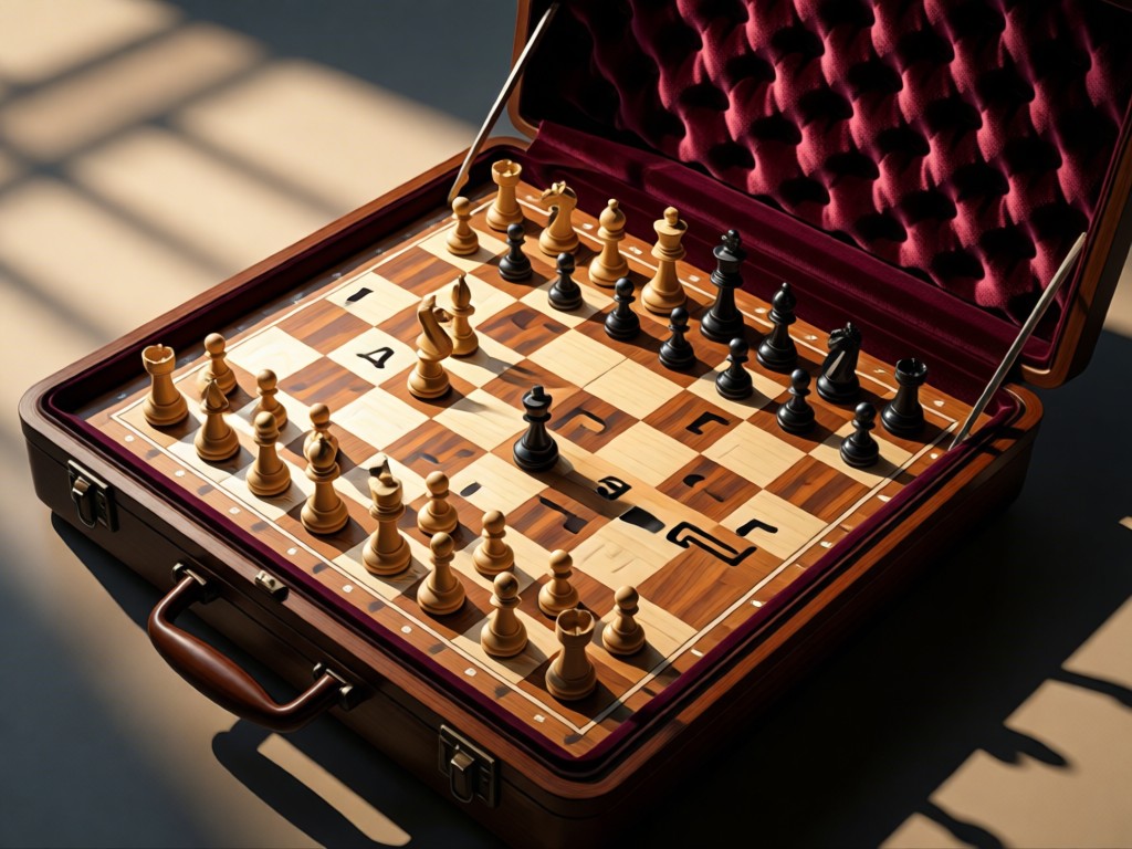 Aerial view of a championship chessboard with key pieces strategically positioned on a velvet-lined case. Soft directional lighting creates dramatic shadows. Symbolizes strategy and social dynamics. No people.