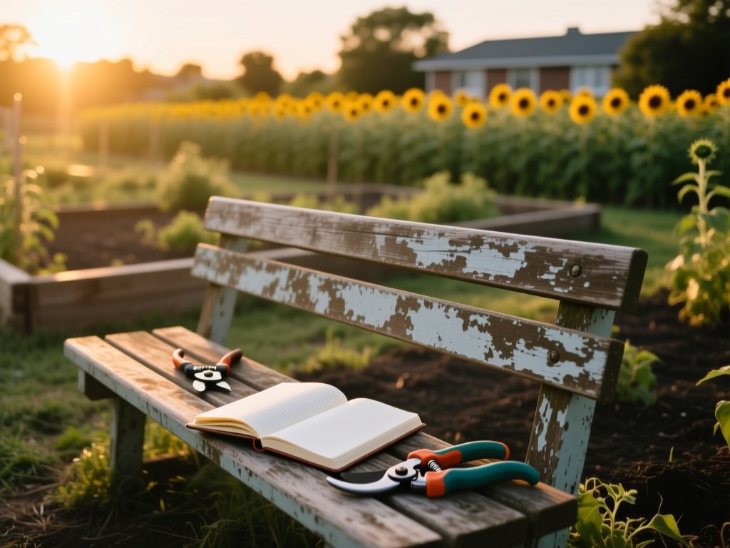 A single weathered bench in an empty community garden at golden hour, open journal resting beside pruning shears, soft focus on distant sunflower rows, warm glow.