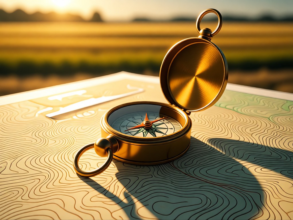 An aerial view of a vintage compass on a topographic map, bathed in golden light. Symbolizes direction and transparency in public service. Open field visible in blurred background. No people.