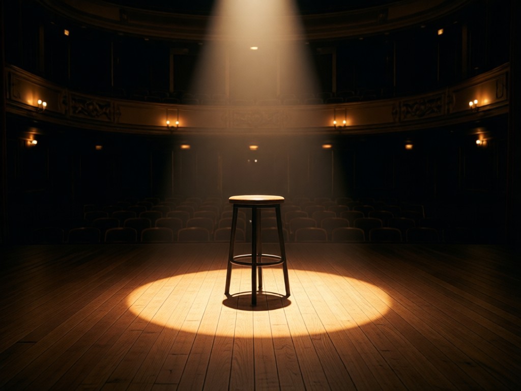 A single spotlight illuminating an empty stage stool in a dark theater. Warm light creates a perfect circle on the wooden floor. Atmospheric and professional. No people.