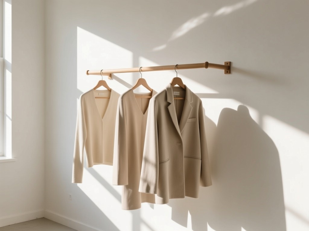 A curated clothing rack with three minimalist garments in a sunlit studio. Neutral tones against white walls. Focus on clean presentation and negative space. No people.