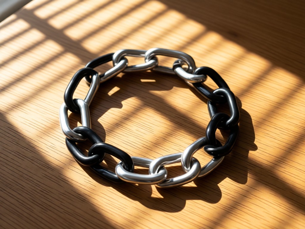 A bird's-eye view of linked Silver and Black bracelets forming a chain on a wooden table. Dappled sunlight creates patterns through window blinds. No people.
