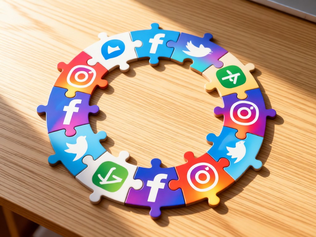 A bird's-eye view of interlocking puzzle pieces forming a circle on a light oak desk. Each piece shows a different social media icon. Soft morning light creates gentle highlights. No people.