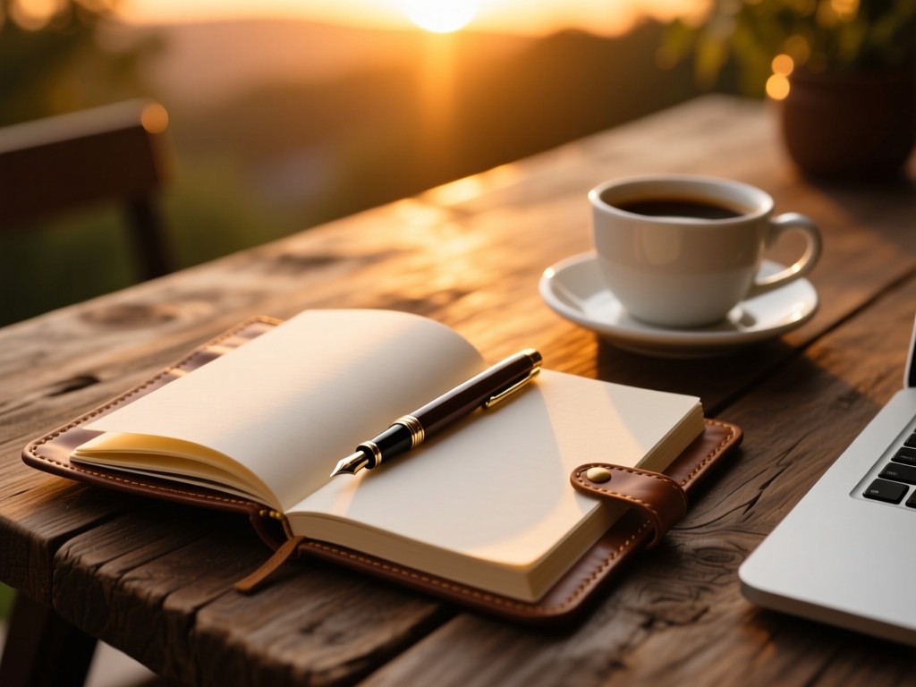 Open leather journal and fountain pen on rustic wood table during sunset, golden light illuminating blank pages, coffee cup nearby, warm tones, creative workspace atmosphere, no text.