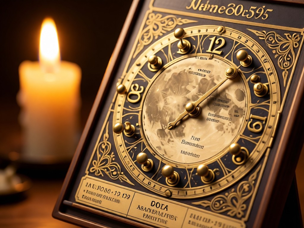 A vintage moon phase calendar with brass pins marking appointments. Soft focus on a candle flame in the background casting warm glows. No people.