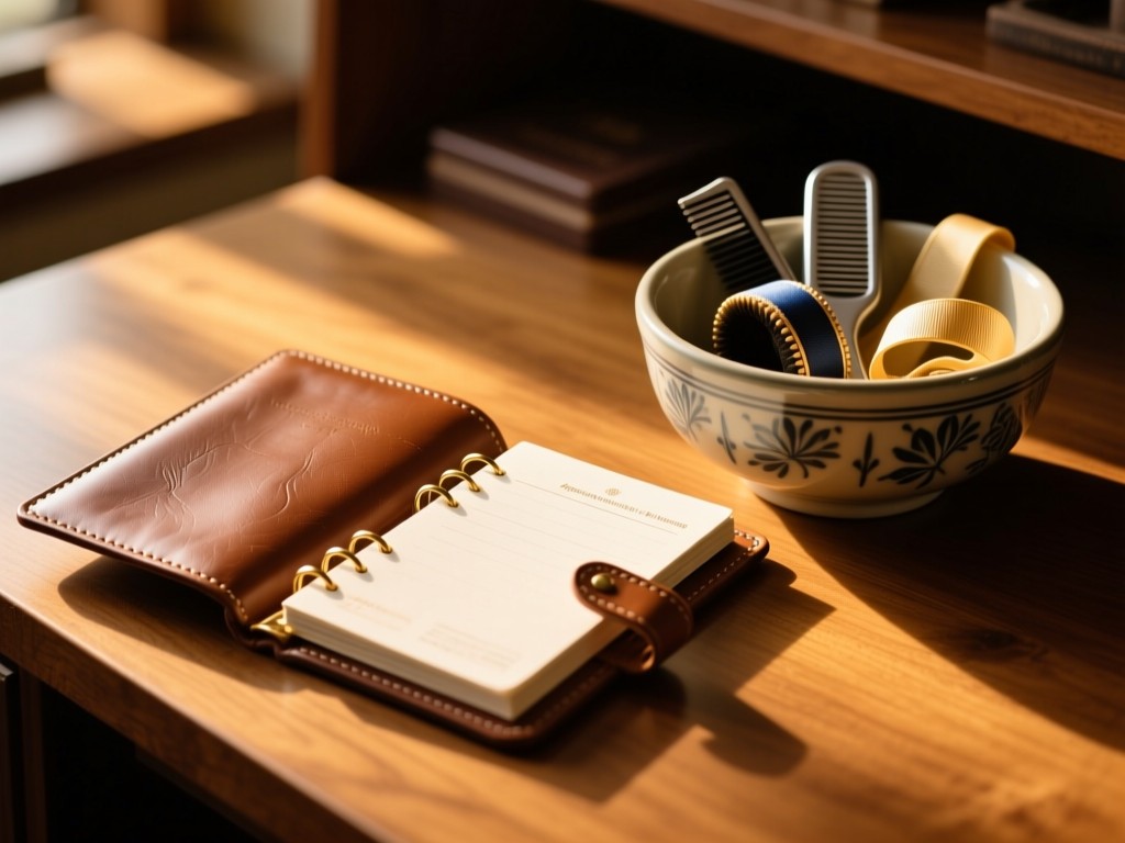 An open leather-bound appointment book beside a ceramic bowl of grooming ribbons on a wooden desk, golden hour light casting soft shadows, shallow focus, warm tones, no text visible.