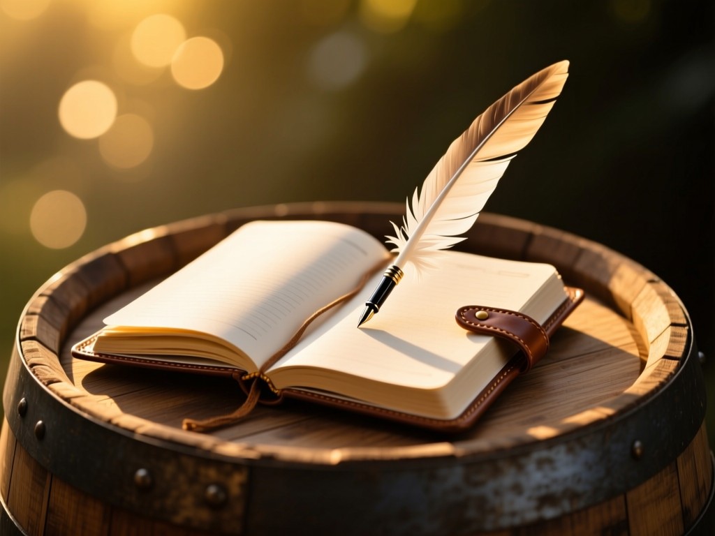 An open leather-bound journal with a quill pen on a wooden barrel, golden hour light casting long shadows, bokeh background, no text.
