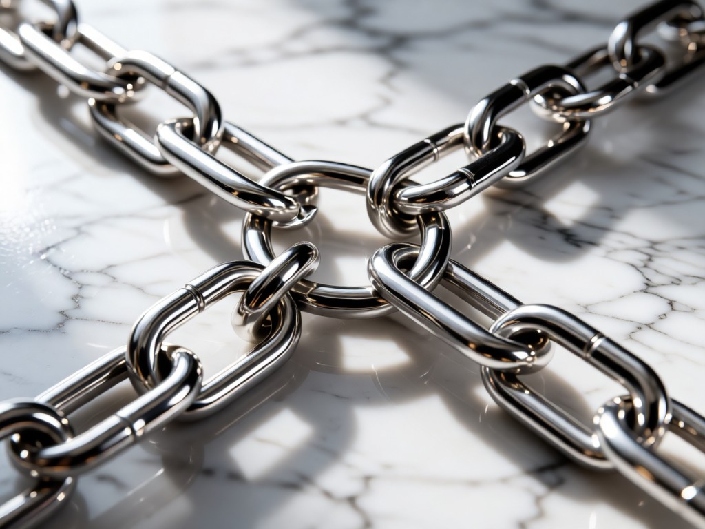 Close-up of interlinked silver chain segments on a marble surface, symbolizing business connections. Soft directional lighting creates delicate shadows. No people.