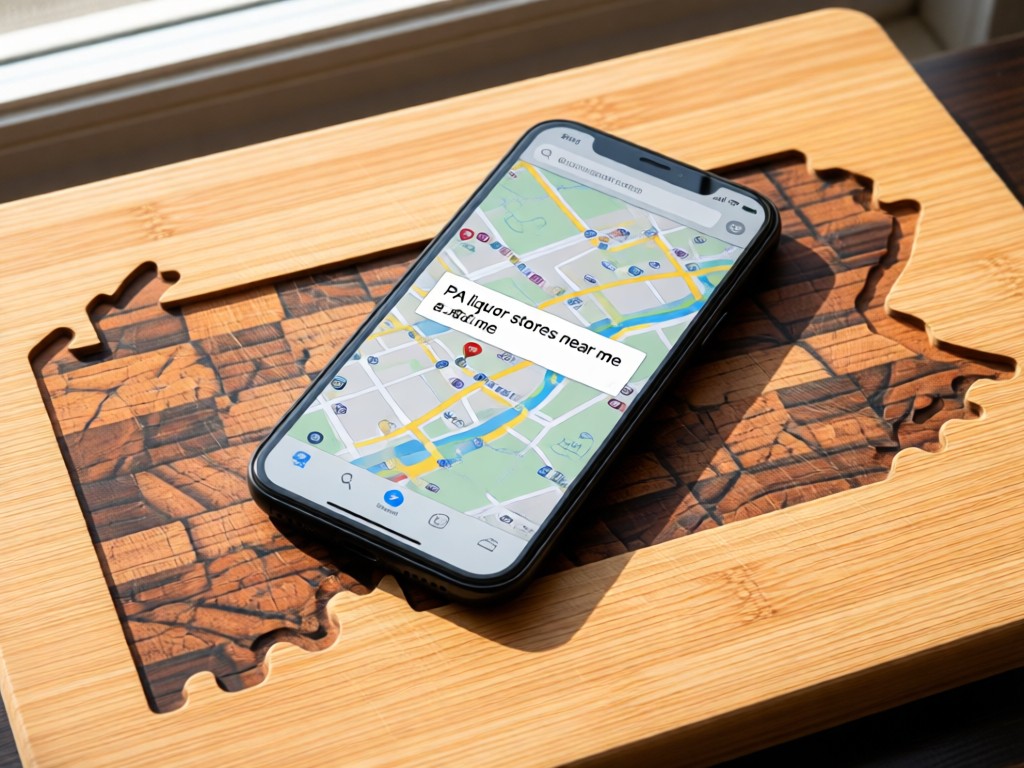 A smartphone showing a map with 'PA liquor stores near me' search results. Device rests on Pennsylvania-shaped cutting board with grain patterns. Natural daylight. No people.
