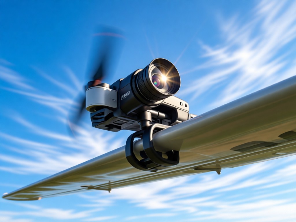 An FPV camera mounted on an RC plane wing. Blue sky background with wispy clouds. Sunlight glints on the lens. Sense of motion and freedom. No people.