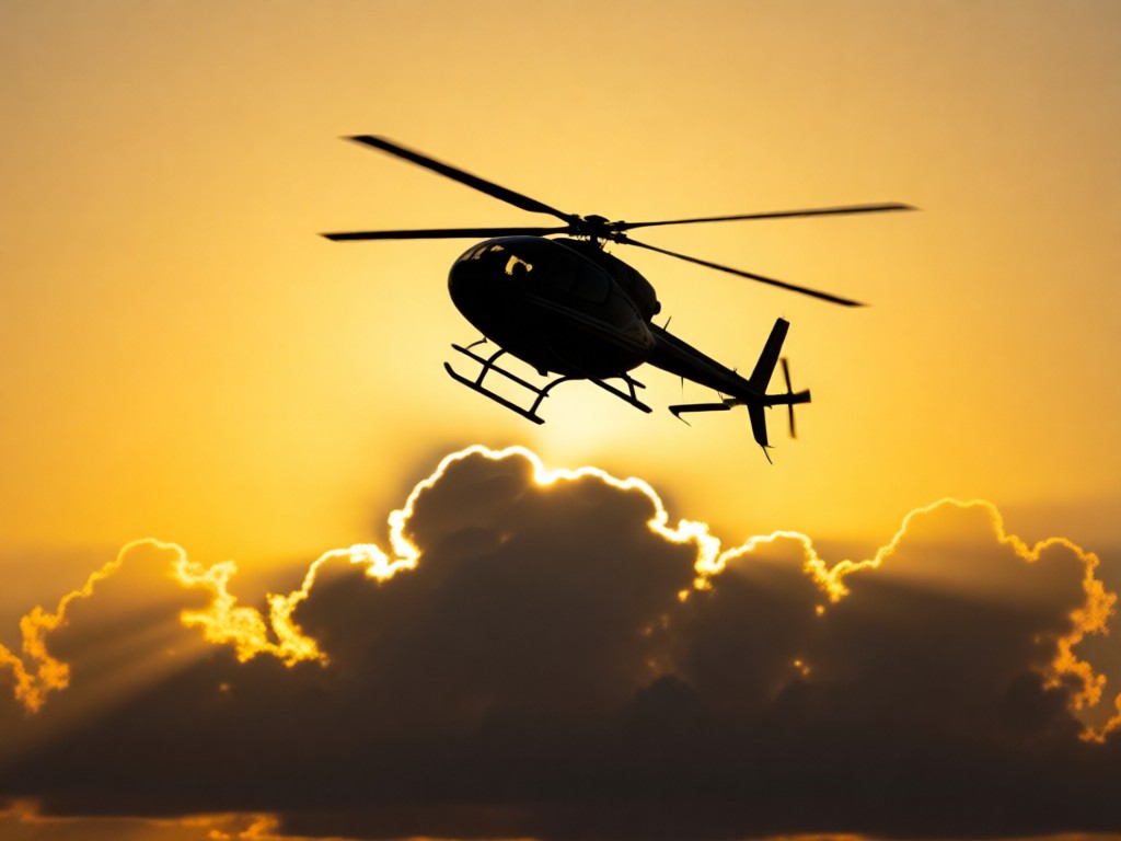 Low-angle shot of an RC helicopter ascending into sunset clouds. Silhouetted against golden sky. Symbolizes growth and visibility. No people.