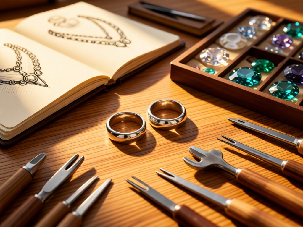 Aerial view of a jewelry designer's organized workstation. Polished silver rings rest beside sketchbooks and gemstones in golden hour light. Tools neatly arranged on wood grain. No people.