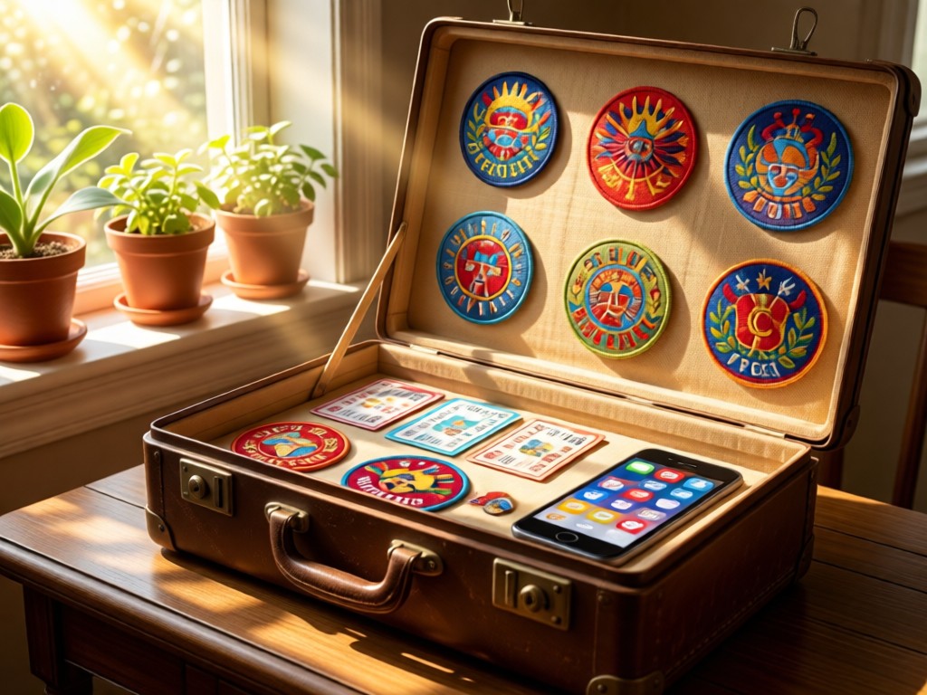 Vintage suitcase open to reveal festival tickets, embroidered patches, and a smartphone showing social icons. Sunlight streams through nearby window plants. No people.