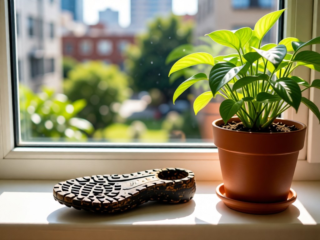A reclaimed rubber sole fragment beside a thriving potted plant on a sun-drenched windowsill. Soft focus on urban greenery outside. No people.