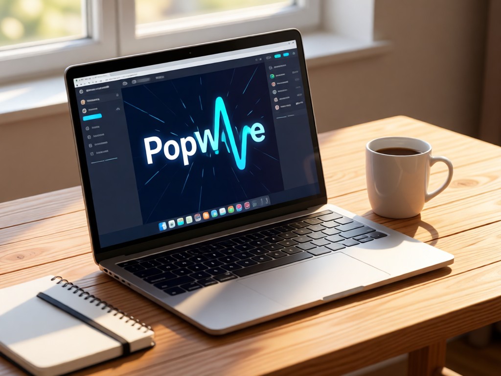 A modern laptop open to a simple PopWave interface on a wooden desk. Morning light illuminates a coffee mug and notebook beside it. Focus on clean, efficient technology. No people.