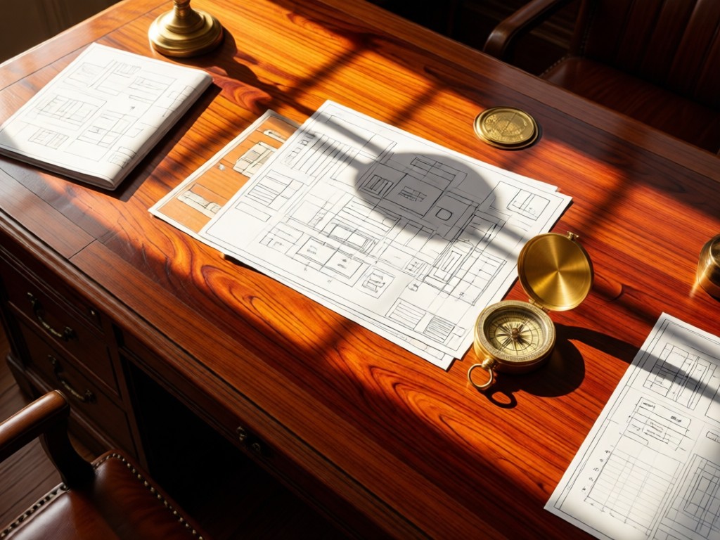 Aerial view of a polished mahogany desk with financial blueprints and a golden compass. Warm sunlight creates defined shadows on the wood grain. Symbolizes financial strategy and direction. No people.