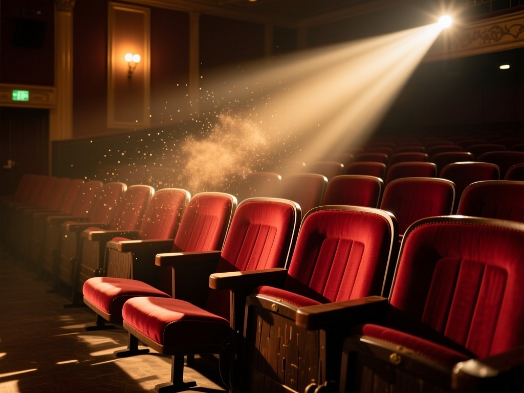 A vintage theater seat with a spotlight hitting it in an empty auditorium during golden hour, dust particles visible in light beams, deep red upholstery, dramatic shadows, cinematic atmosphere.