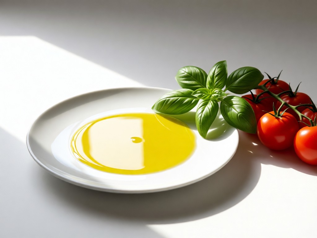 A clean white plate drizzled with golden olive oil beside fresh basil and tomatoes. Soft side lighting creates liquid reflections. Minimalist composition with ample negative space.