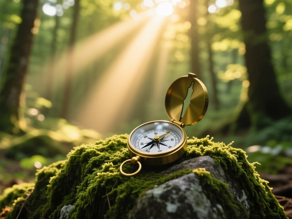 A compass on a mossy rock in a sunlit forest clearing during golden hour, beams of light breaking through trees, symbolizing direction and discovery, vibrant greens, soft shadows, no text.