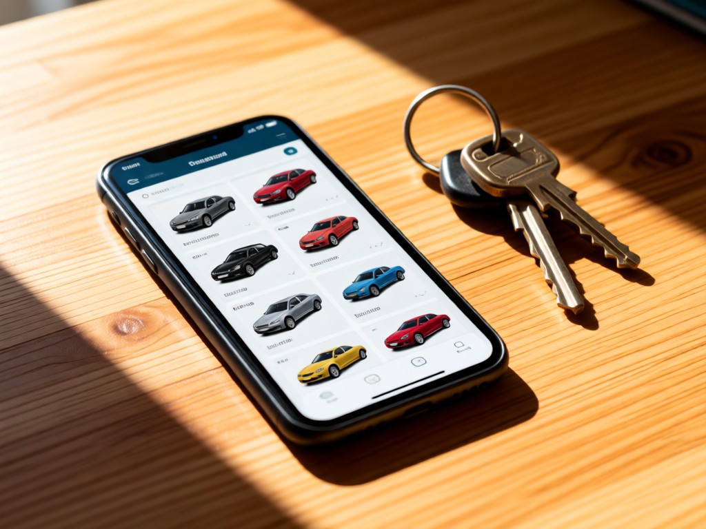 A smartphone displaying an auto parts catalog beside vintage car keys on a sunlit wooden desk. Warm light creates clean lines. No people.