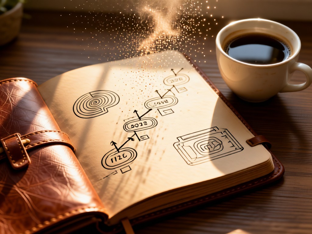 Aerial view of timeline graphics drawn in a leather-bound journal beside coffee. Sunlight highlights dust motes above the composition. No people.