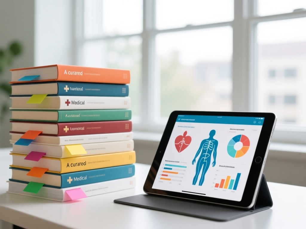 A curated stack of medical books with colorful tabs, beside a modern tablet displaying health infographics. Natural light from large windows. Clean and educational vibe. No people.