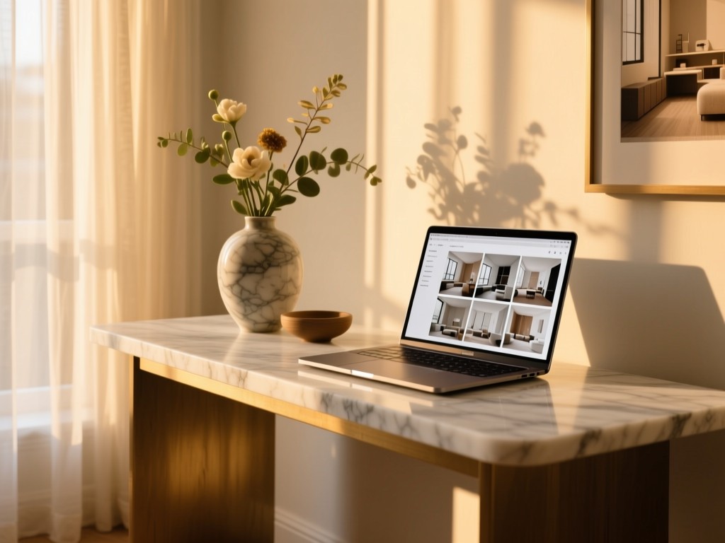 A minimalist marble console table at golden hour displaying a curated vase arrangement beside an open laptop showing a grid of interior design projects, soft sunlight streaming through sheer curtains, warm tones, shallow depth of field, no visible text.