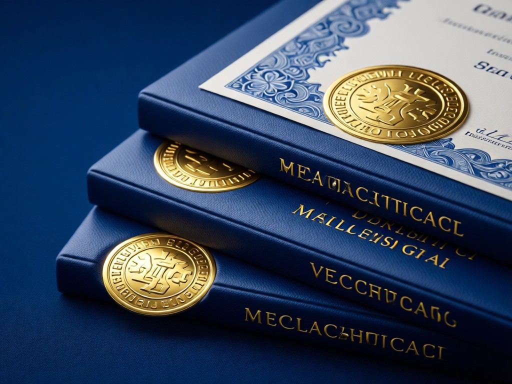 Close-up of three stacked medical certifications with gold seals against a navy blue backdrop. Natural light accents the embossed details. Clean, professional composition. No people.