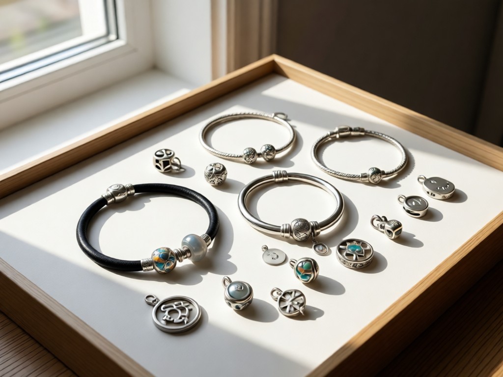 A curated arrangement of Pandora bracelets and charms on a lightbox. Soft shadows emphasize texture. Natural light from a nearby window creates gentle highlights. Minimalist composition with no people.