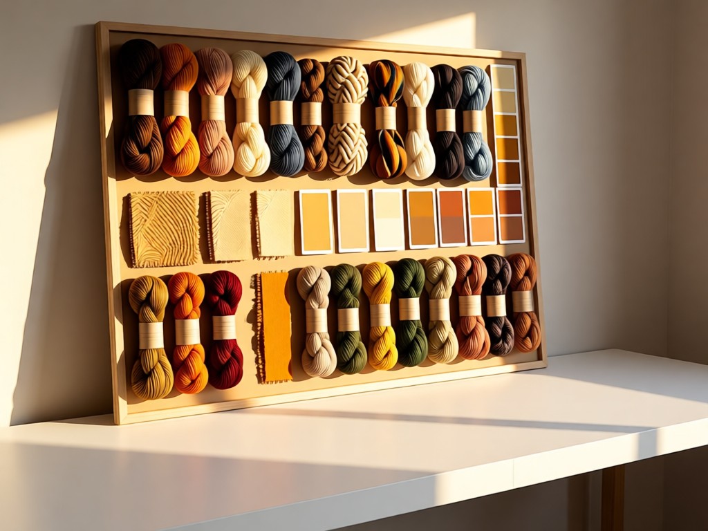 A curated collection of fabric swatches, yarn skeins, and paint chips arranged on a designer's mood board. Golden hour light creates warm shadows on a minimalist white desk. No people.