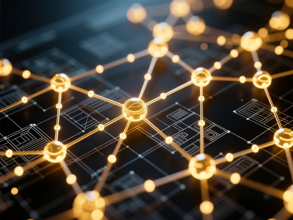 Abstract network of glowing connection nodes over a dark blueprint background. Soft golden light emanates from intersections. No text or people.