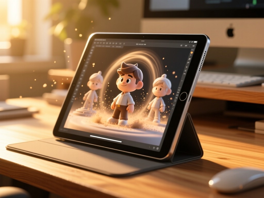 A sleek tablet propped on an animation desk at golden hour, screen displaying rotating 3D character models, soft sunlight highlighting dust motes, shallow depth of field, warm wood textures, no people.
