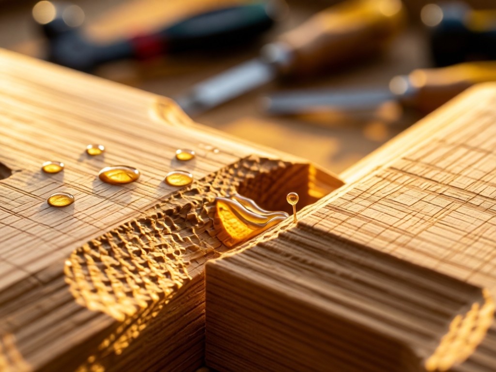 Macro shot of intricate plywood joinery with wood glue droplets. Golden hour light reveals wood texture depth. Tools blurred in background.