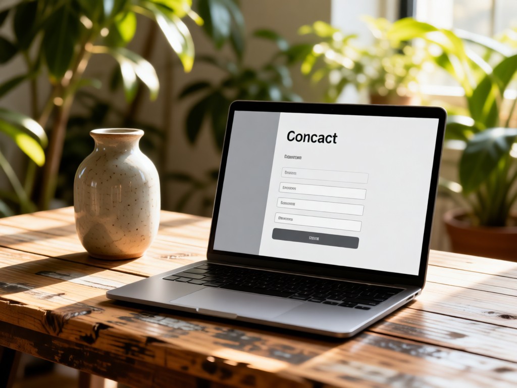 A sleek laptop showing a simple contact form, placed beside a ceramic vase on a reclaimed wood desk. Soft focus background with sunlit plants. No people.