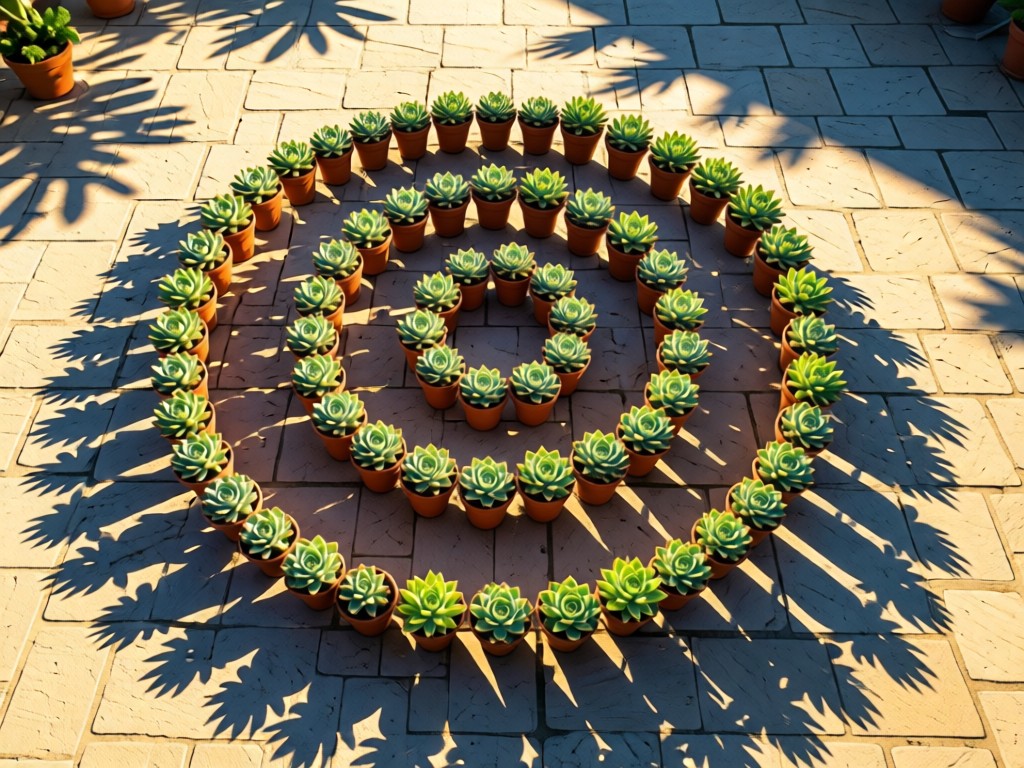 Aerial view of perfectly aligned potted succulents forming a spiral pattern on a stone patio. Morning light creates long shadows. Central focus on symmetry and natural organization. No people.