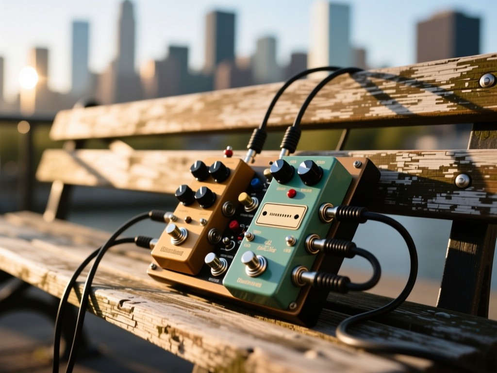 Vintage guitar pedalboard on a weathered wooden bench. Late afternoon sun highlights the knobs and cables. Out-of-focus city skyline in background.