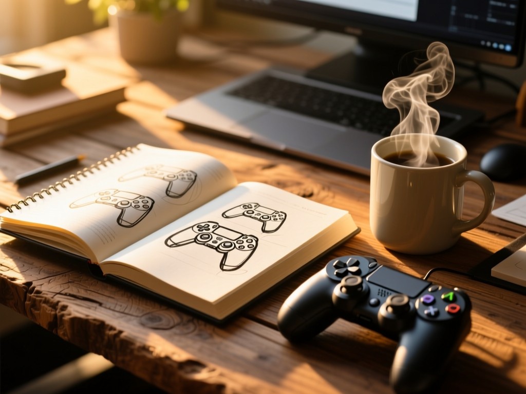 An open gaming notebook with controller sketches beside a steaming mug during golden hour, soft sunlight on pages, rustic wood texture, creative workspace vibe, no text.