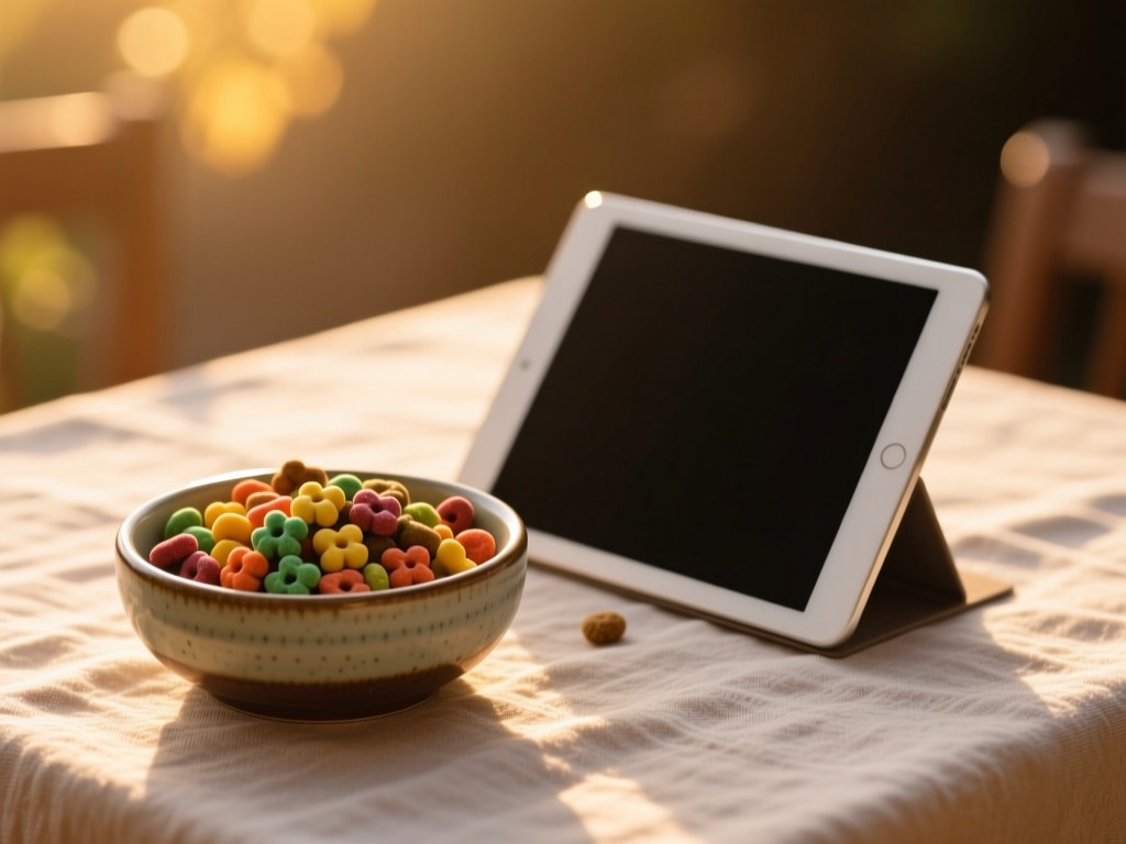 A ceramic bowl filled with colorful pet treats beside a digital tablet on a linen tablecloth, backlit by golden hour sun, soft focus background, warm earthy tones, no humans.
