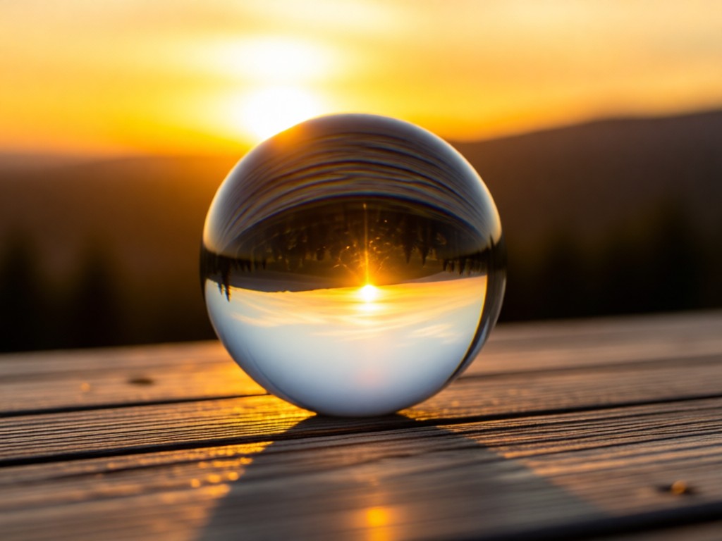 A single polished lens reflecting a golden sunset landscape. Placed on a rustic wooden surface with shallow depth of field. Warm light emphasizes optical clarity. No people.