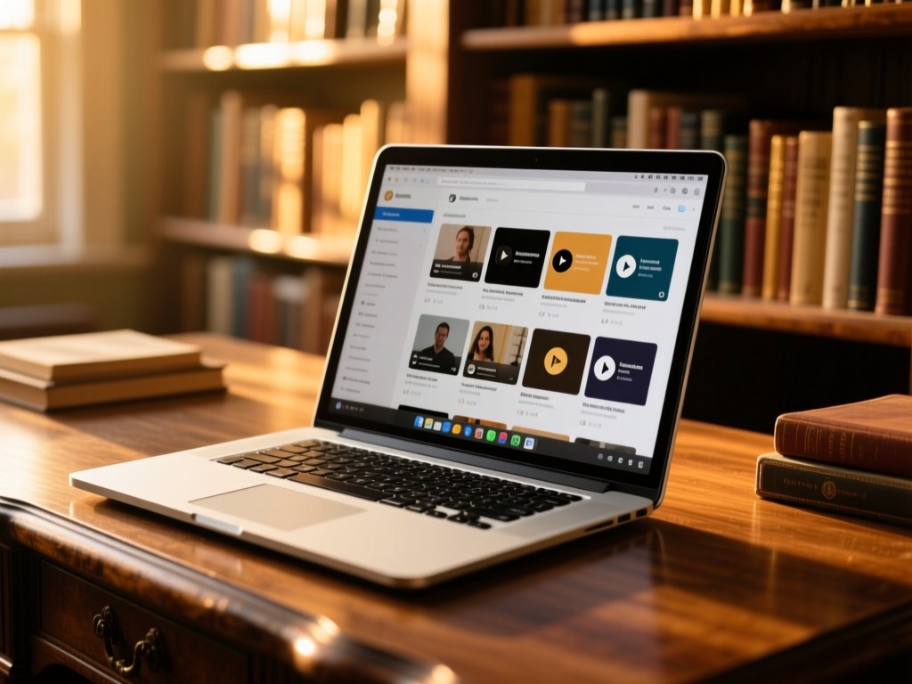 A sleek laptop open on a vintage desk during golden hour, screen showing organized article thumbnails and podcast episodes, warm sunlight filtering through bookshelves, shallow depth of field, natural wood textures, no visible text.