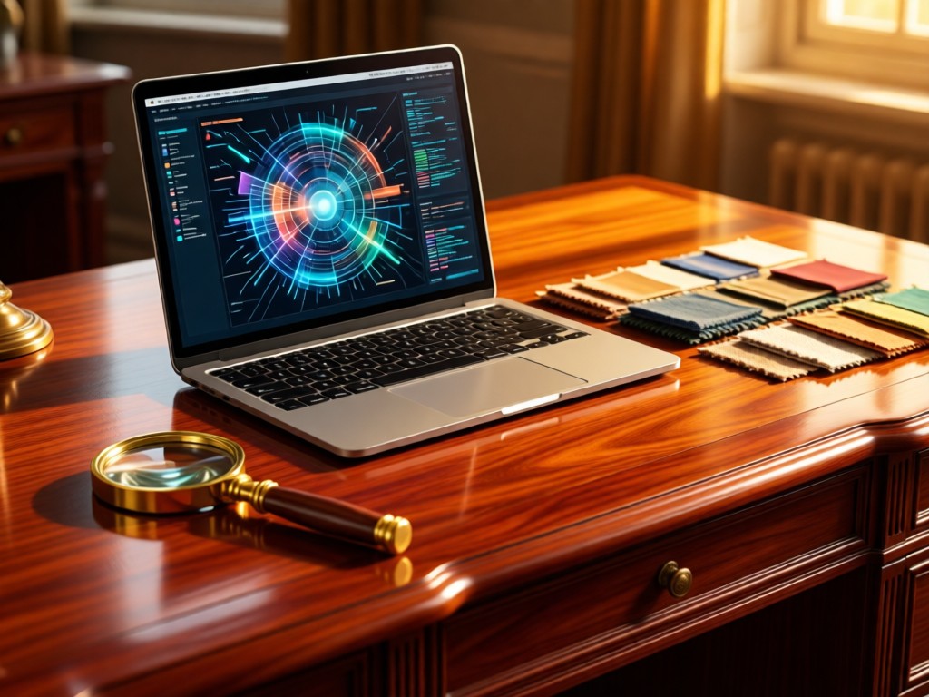 A polished mahogany desk with a Macbook showing abstract data visualizations. Beside it, a vintage brass magnifying glass rests on fabric swatches. Golden hour lighting. No people.
