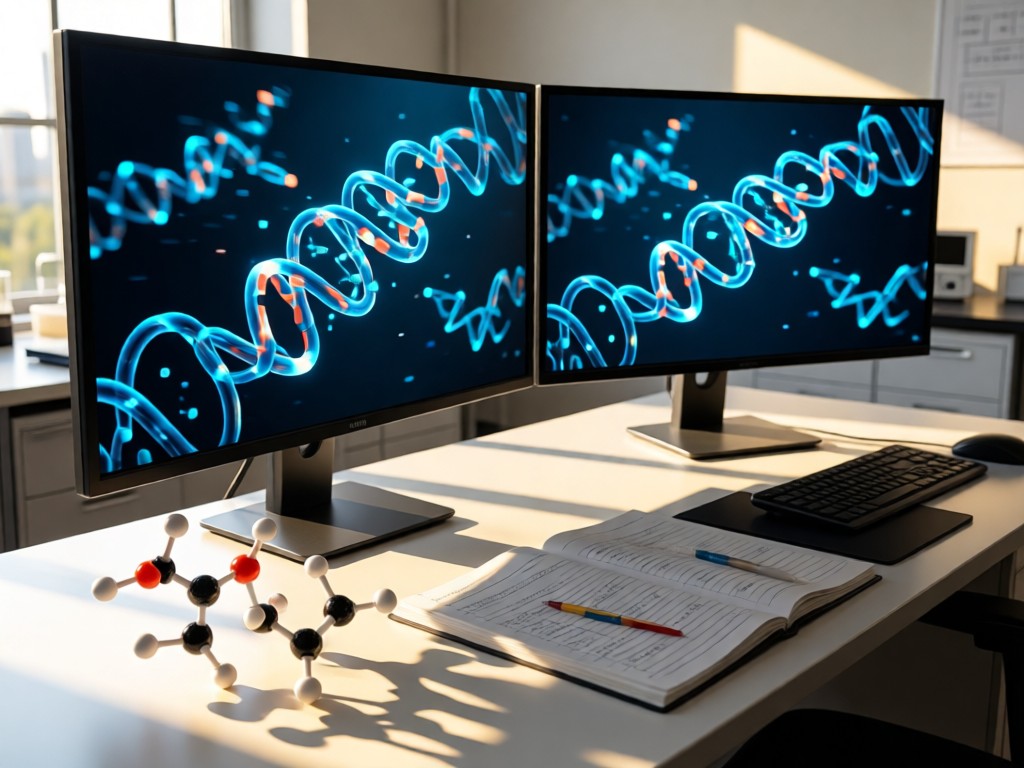 A desktop with dual monitors displaying rotating peptide structures. Beside it, a molecular model kit sits neatly on lab notes. Morning light creates sharp, clean shadows. No people.