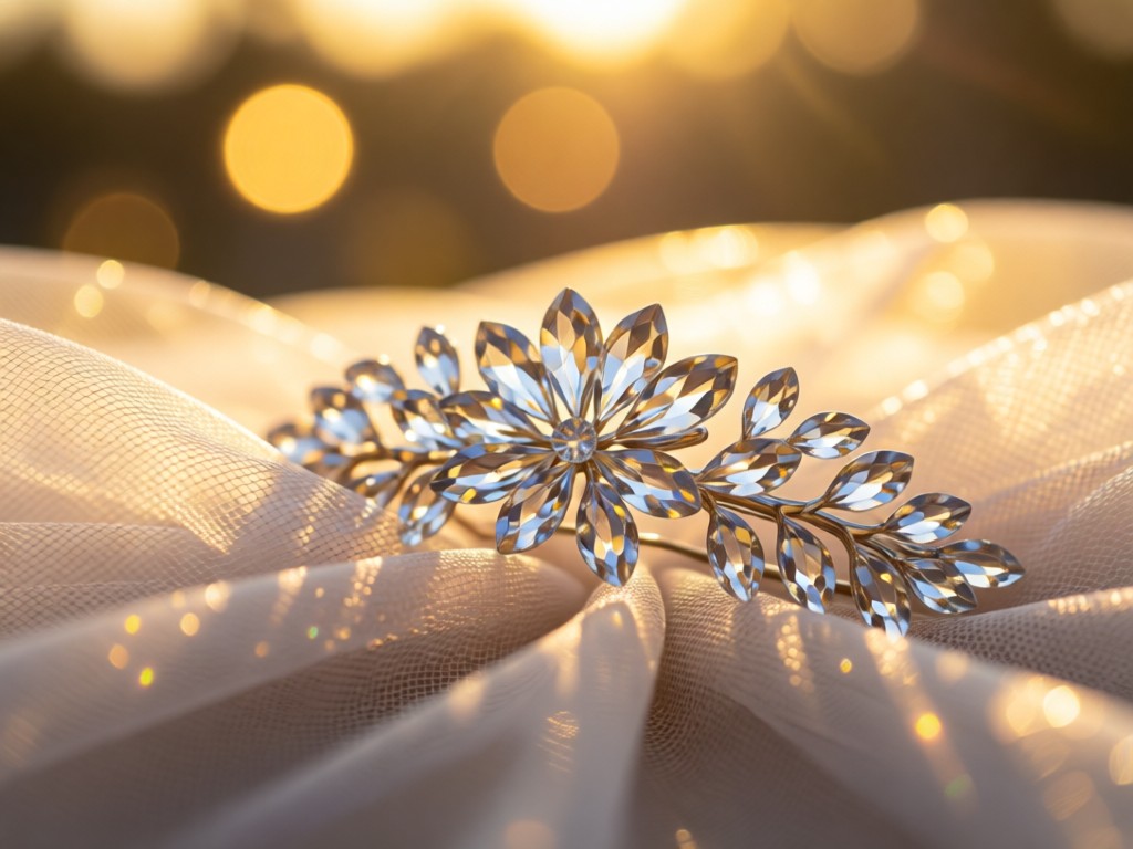 A crystal hairpin resting on folded tulle fabric. Shallow depth of field with golden hour bokeh. Soft focus on texture details. No people.