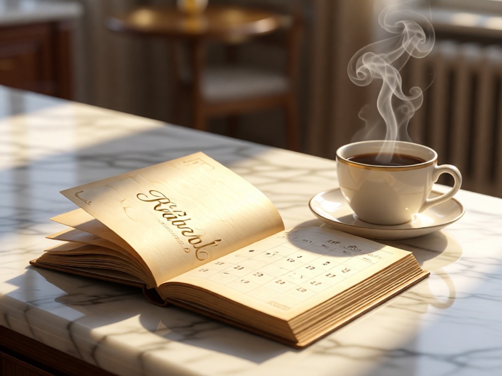 An elegant calendar open on a marble countertop beside a steaming coffee cup. Sunlight highlights the paper texture and rising steam. Soft focus background.