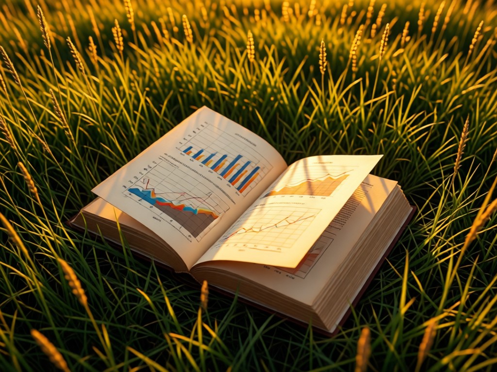 An aerial view of a single open economics textbook on a meadow at sunset. Precise golden light highlights graphs on pages. No people.