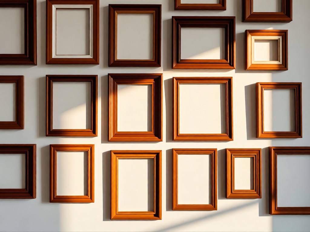 Gallery wall with varied frame styles in warm wood tones. Empty frames waiting for art. Soft shadows from afternoon light. Minimalist aesthetic. No people.