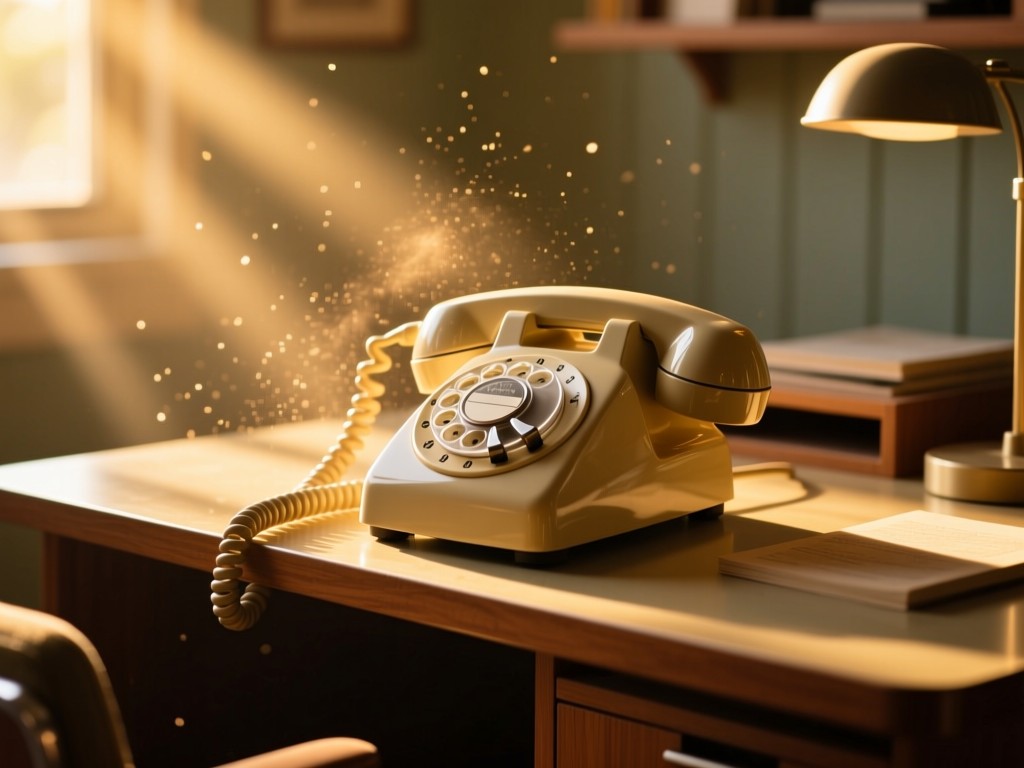 Classic rotary phone on a mid-century desk bathed in golden hour light, sun rays highlighting dust particles, warm nostalgic atmosphere, shallow focus, no people.